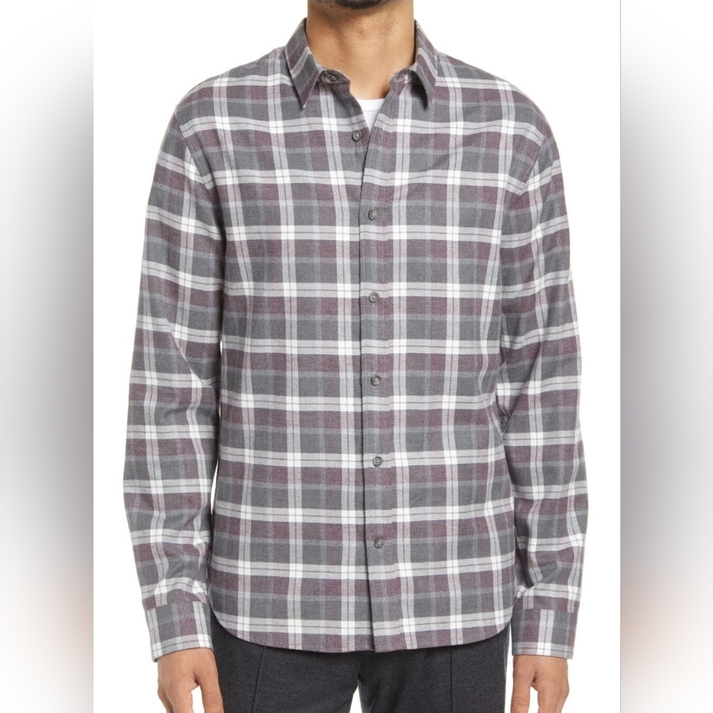 Vince Mens Melange LS Plaid Print Classic Fit 100% Cotton Button Down Shirt L